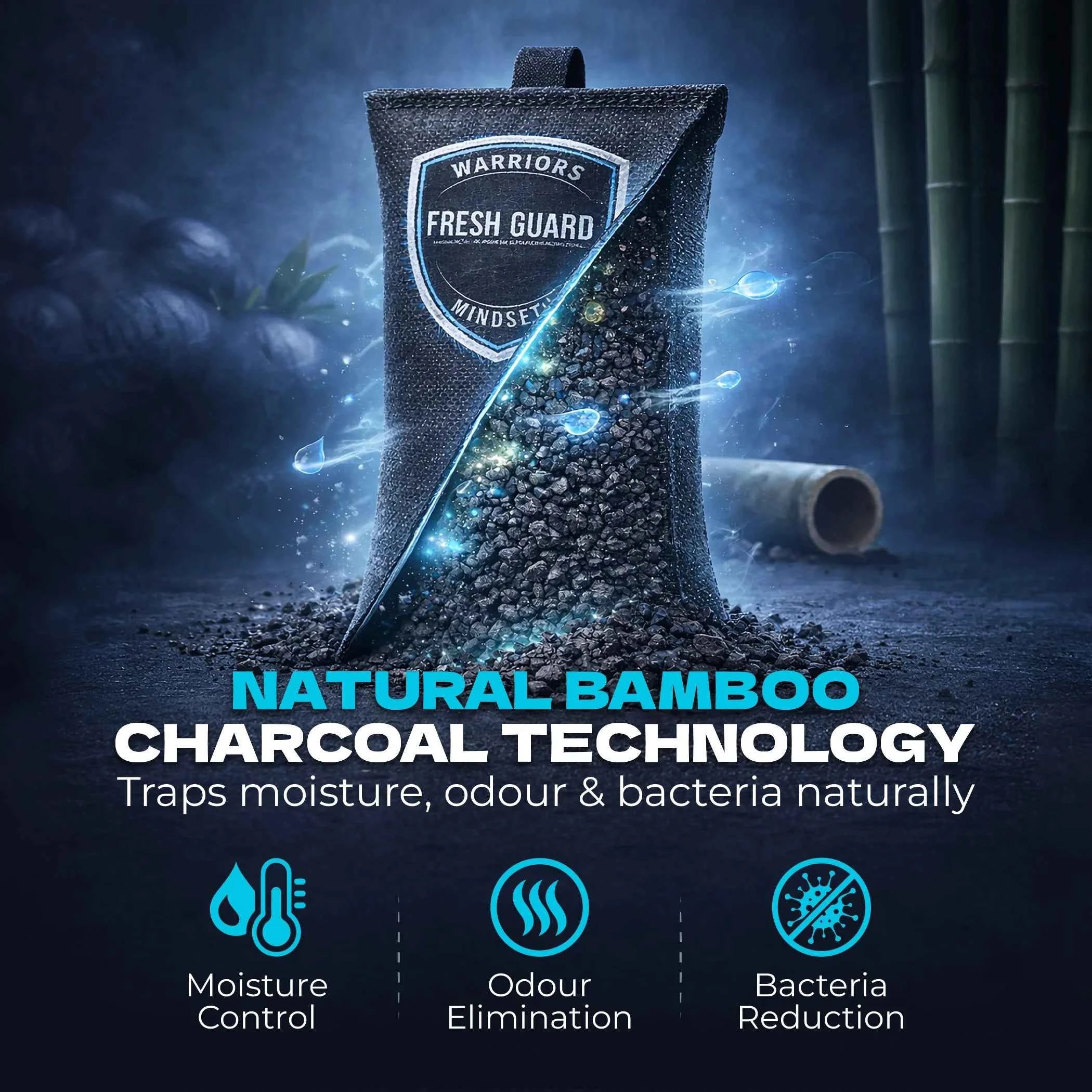 Fresh Guard charcoal pouch with size reference next to boxing gloves
