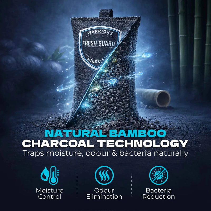 Fresh Guard charcoal pouch with size reference next to boxing gloves
