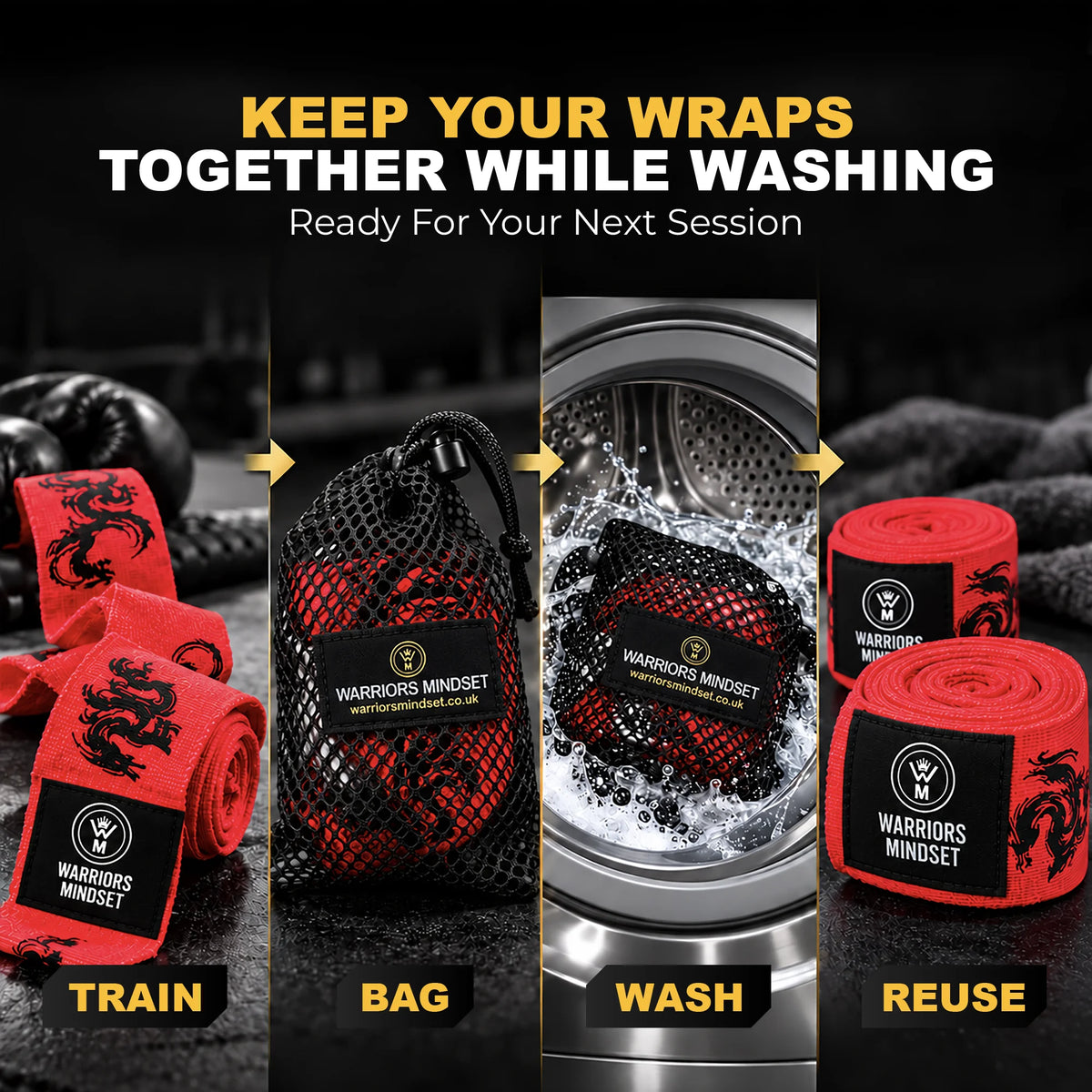 5M Boxing Hand Wraps with Mesh Wash Bag – Dragon Edition | Warriors Mindset
