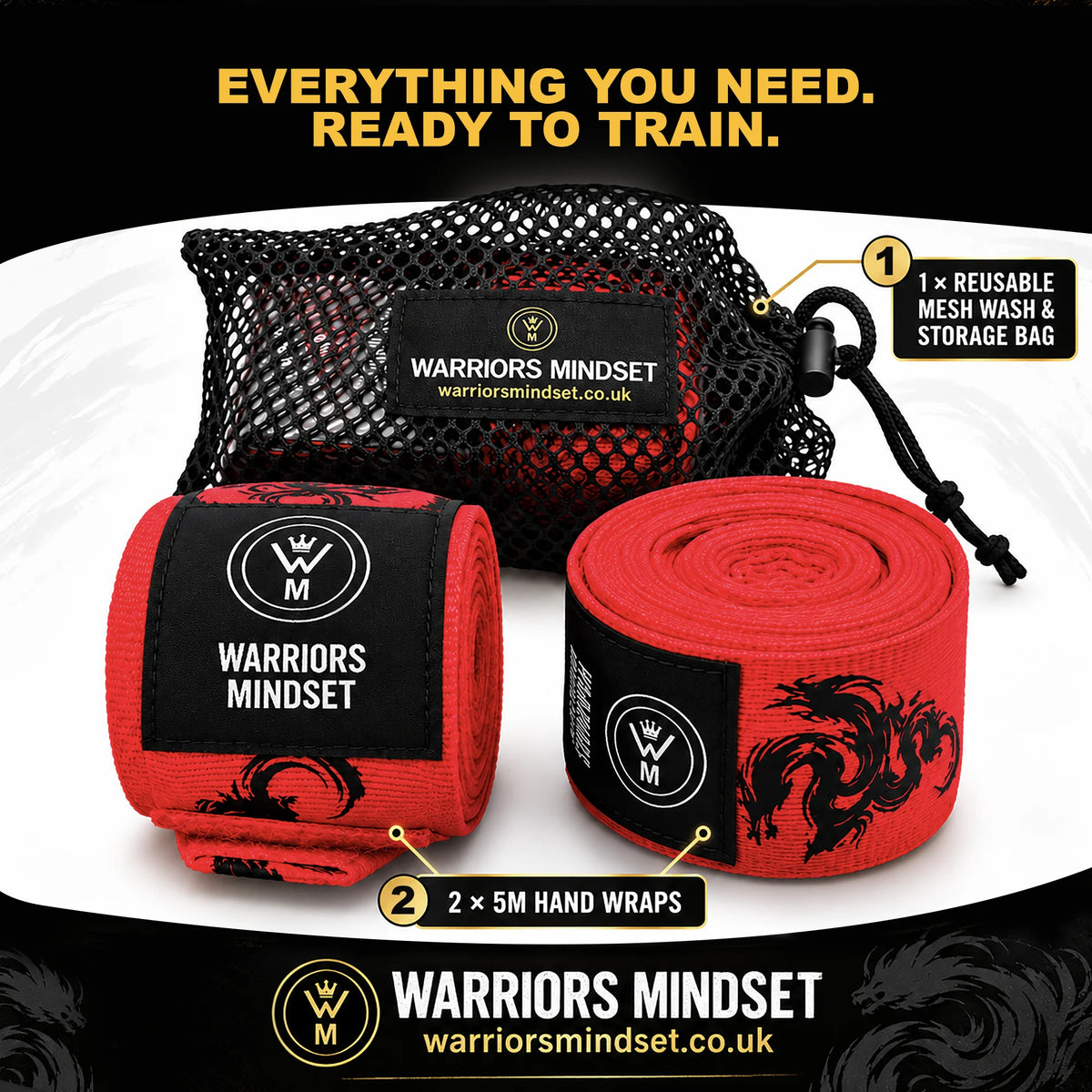 5M Boxing Hand Wraps with Mesh Wash Bag – Dragon Edition | Warriors Mindset