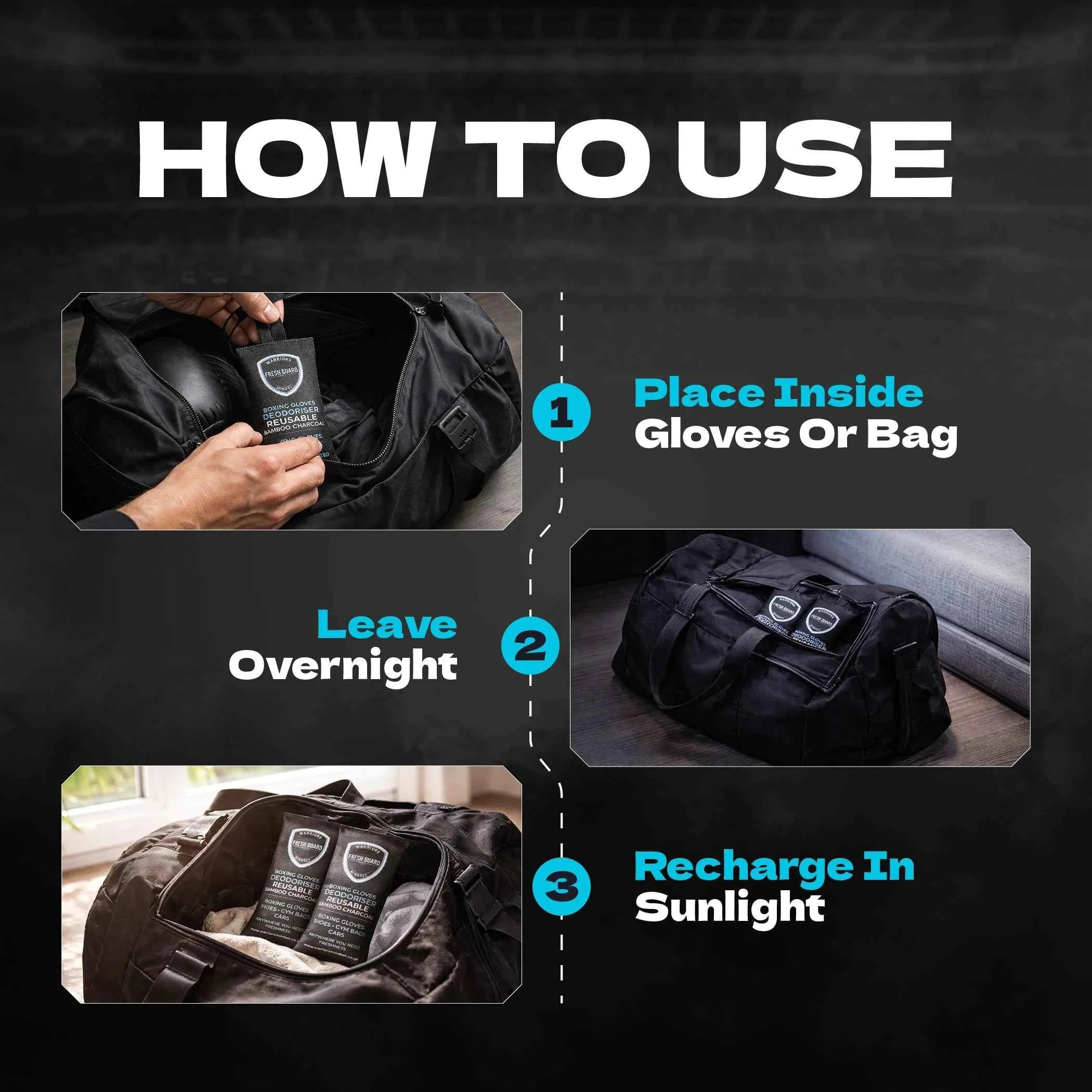 Fresh Guard in use - Warriors Mindset bamboo charcoal pouch inside training gloves
