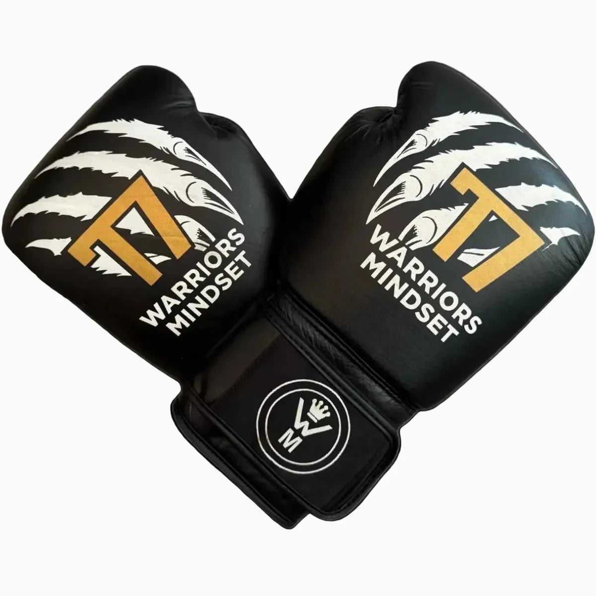 Black boxing gloves with 'Warriors Mindset' branding on a white background