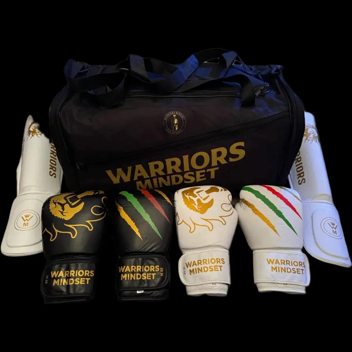 Boxing gear set with 'Warriors Mindset' branding on a black background