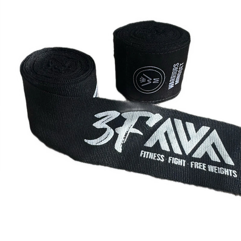 Black boxing hand wraps with '3F' logo on a white background
