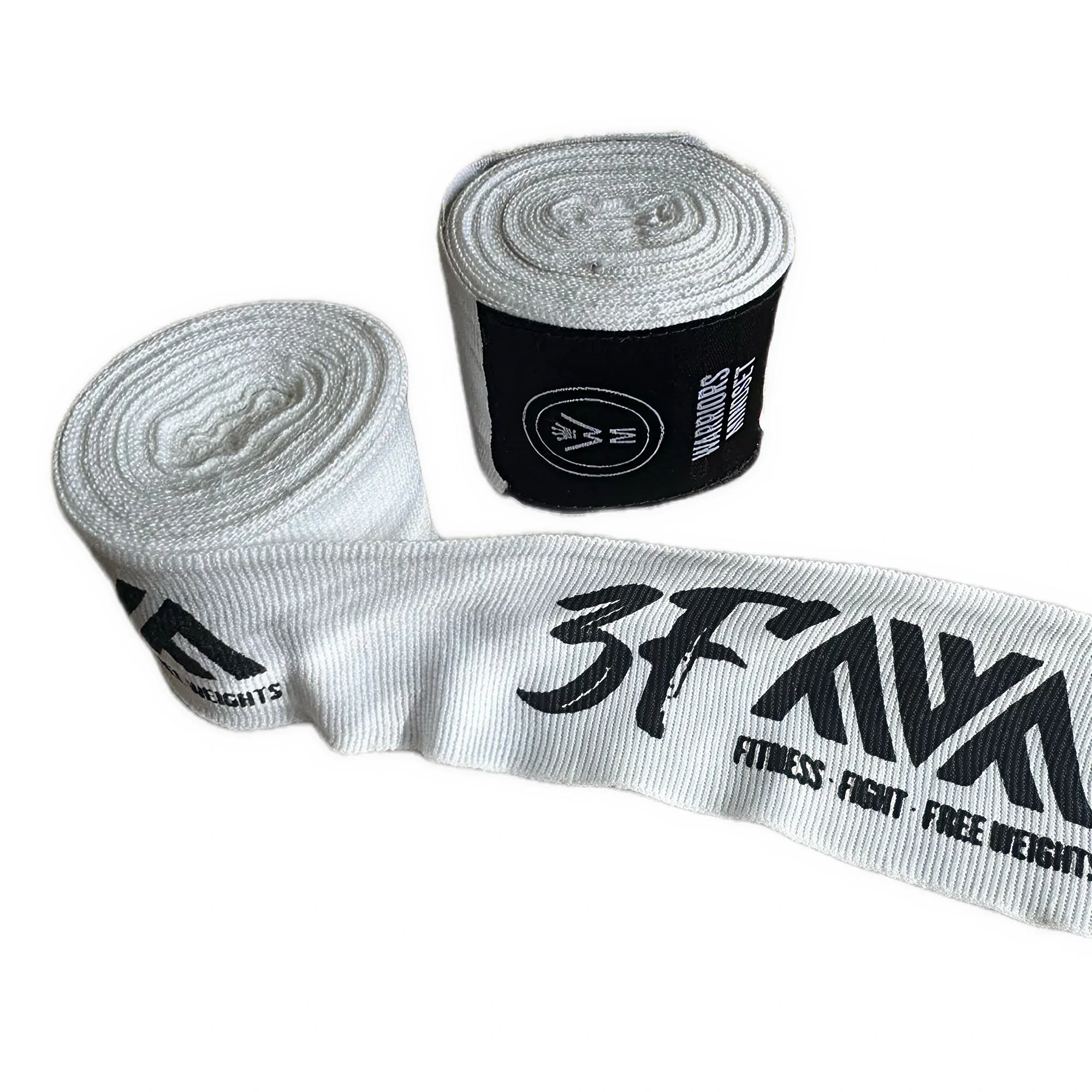 Two rolls of white boxing hand wraps with black text on a white background