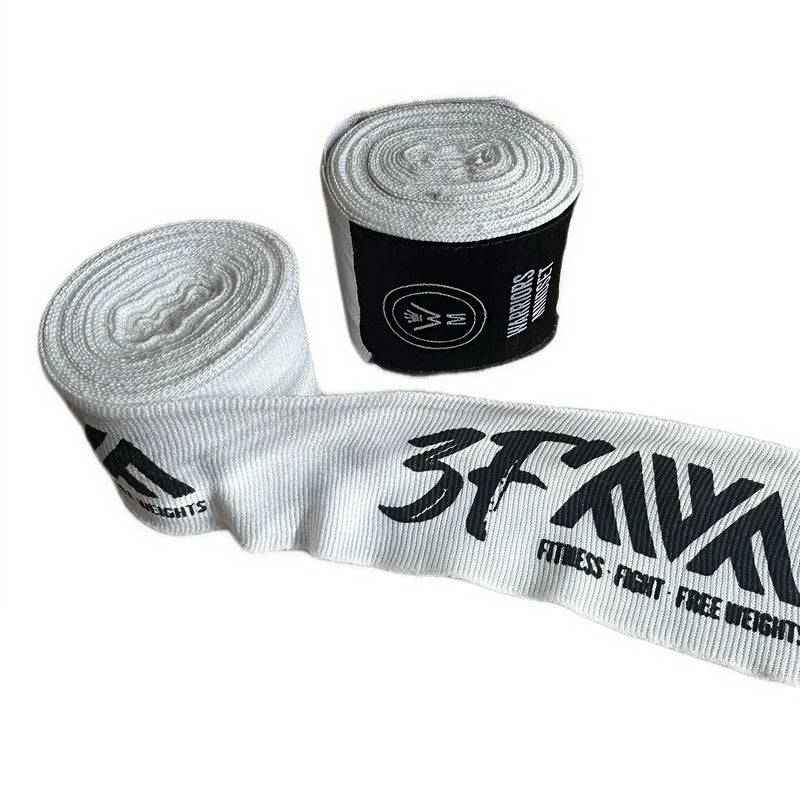 Two rolls of white boxing hand wraps with black text on a white background