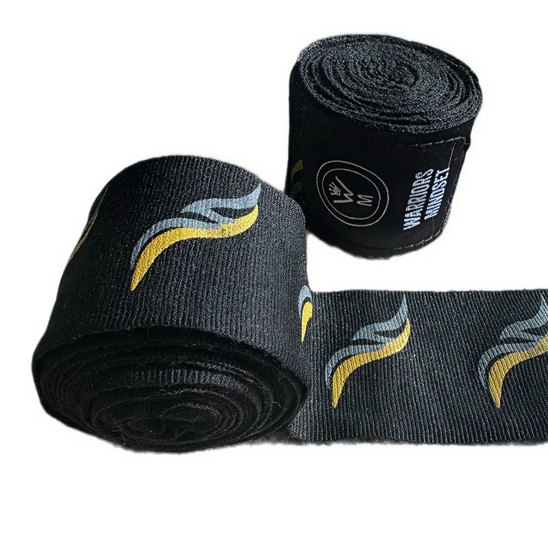 Black boxing hand wraps with yellow and blue design on a white background