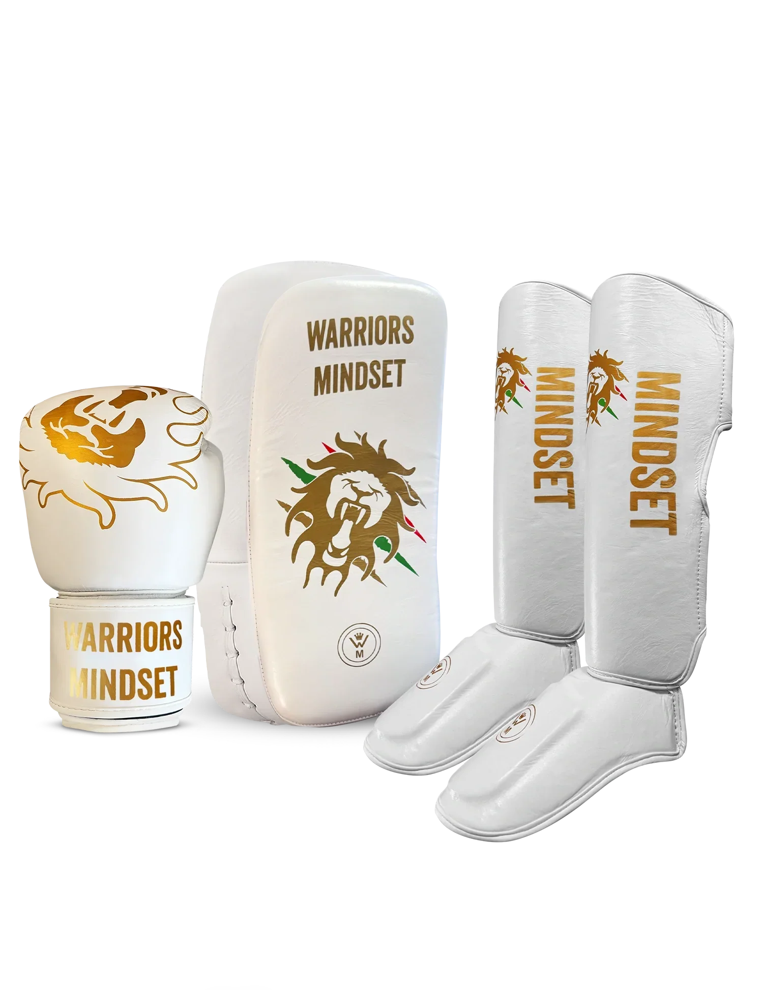 White martial arts gear set with 'Warriors Mindset' branding on a white background