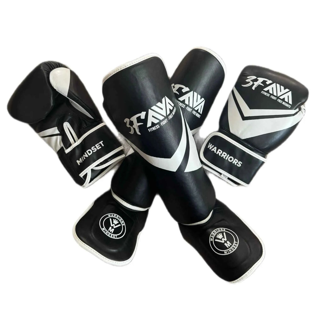 Warriors Mindset 10oz boxing gloves and shin guards set in matching black and white colourway
