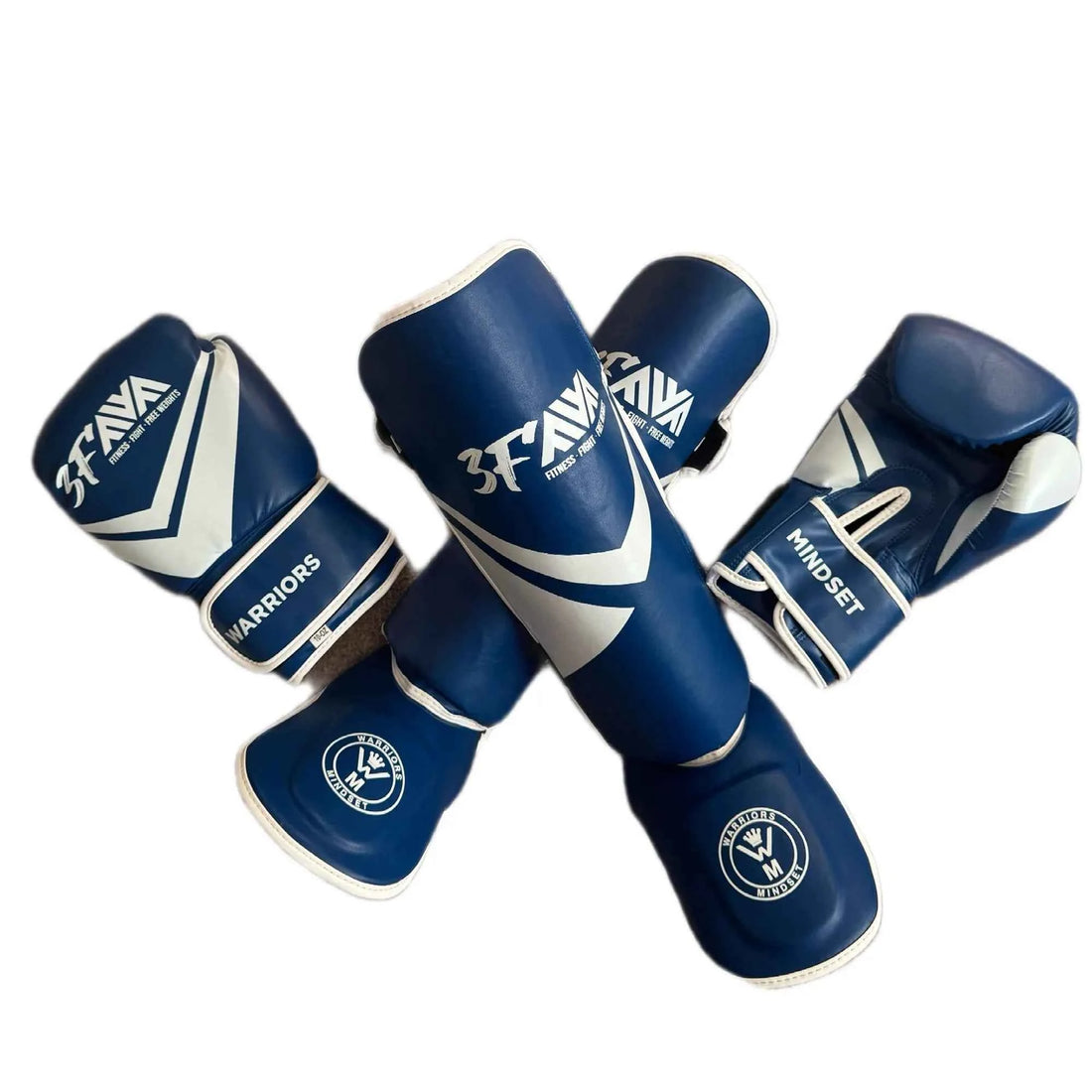 Warriors Mindset 10oz boxing gloves and shin guards set in matching black and white colourway
