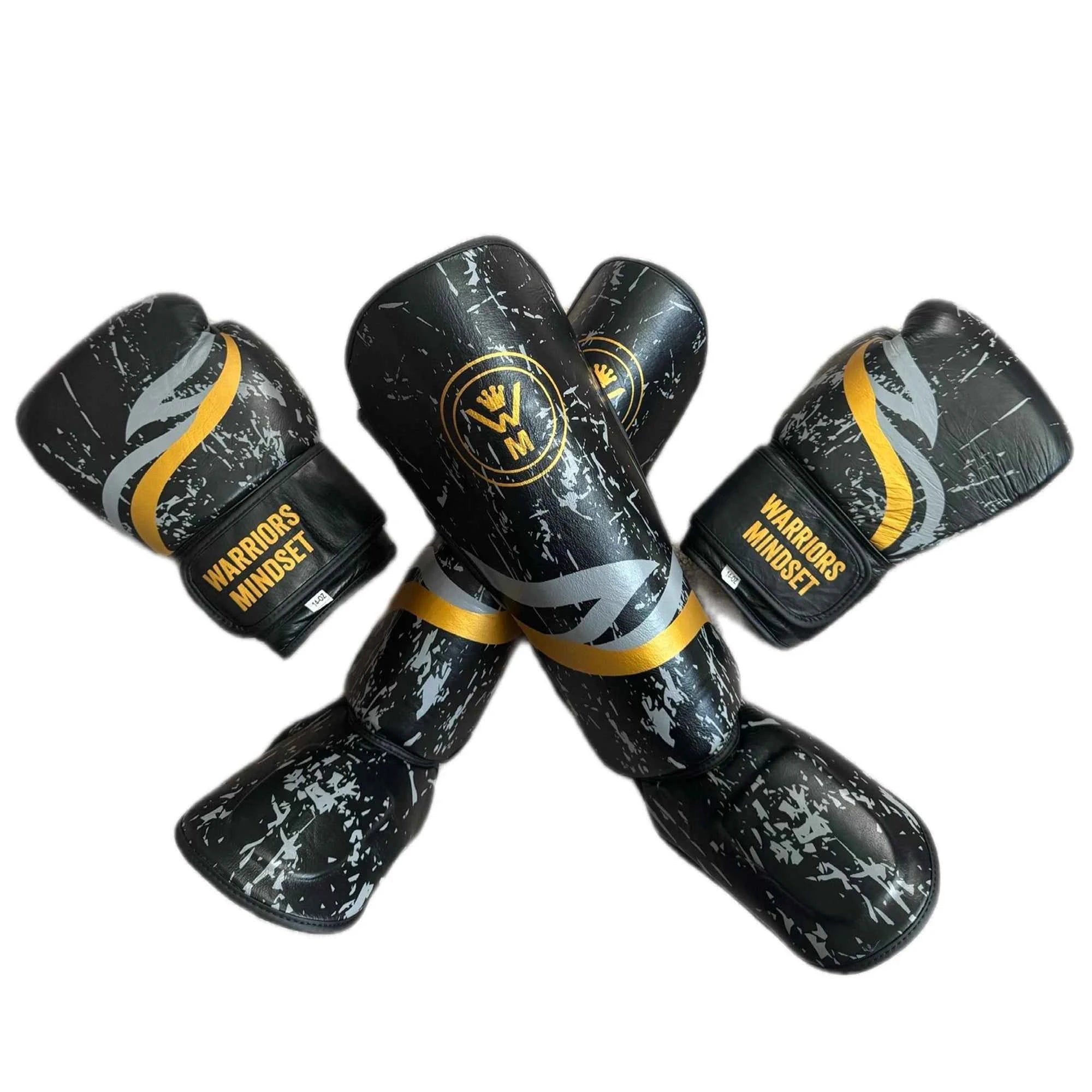 Warriors Mindset Complete Fight Kit — 14oz Gloves, Shin Pads, Shorts & Tee (Free Wraps)