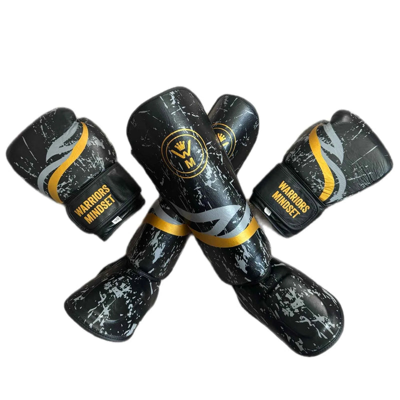 Warriors Mindset Complete Fight Kit — 14oz Gloves, Shin Pads, Shorts & Tee (Free Wraps)