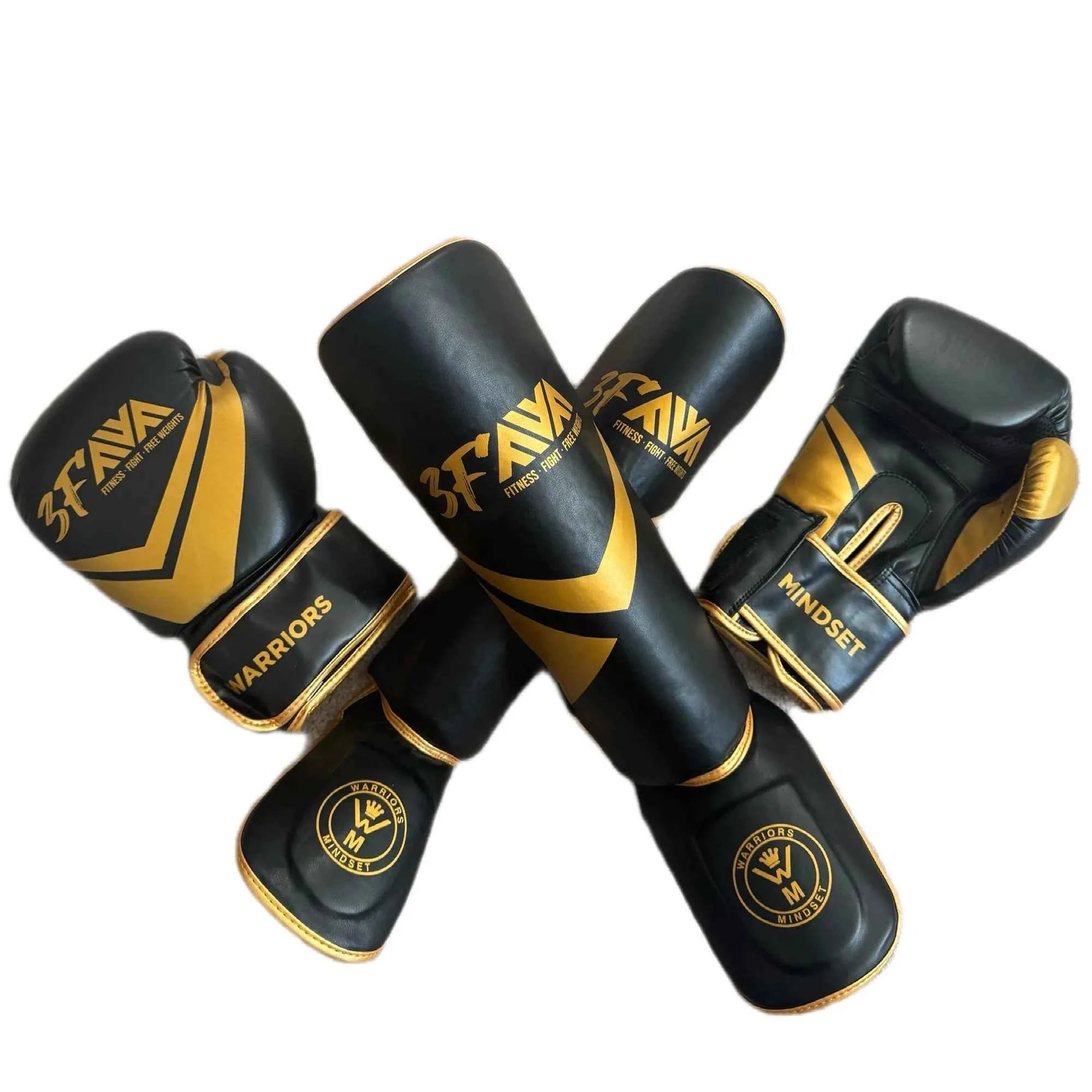Warriors Mindset 10oz boxing gloves and shin guards set in matching black and gold colourway