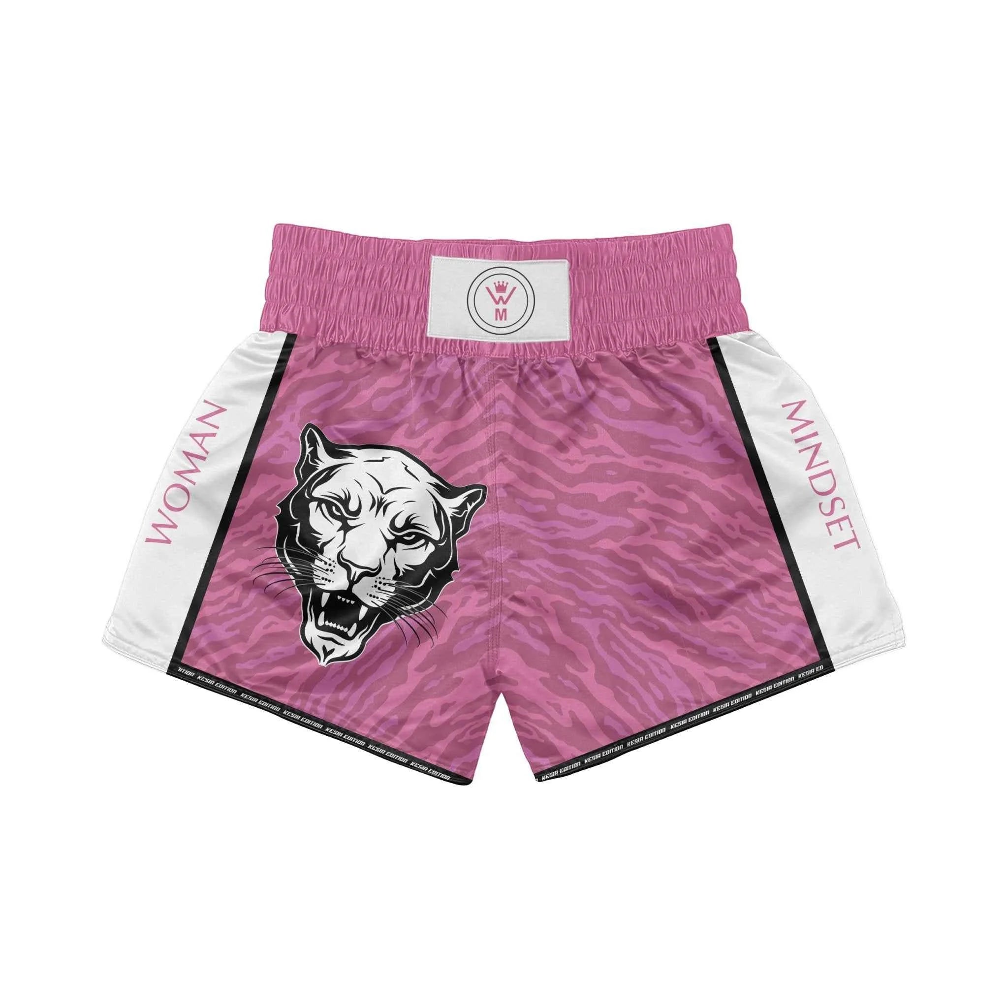 Pink boxing shorts with a tiger design and 'Woman Mindset' text on a white background