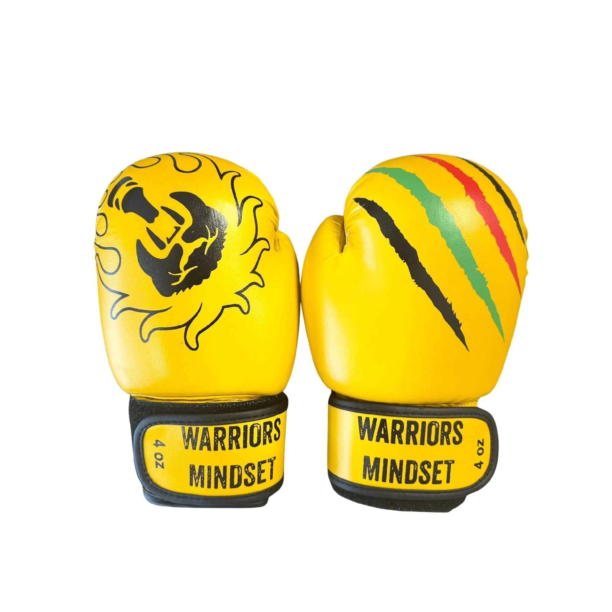 Yellow boxing gloves with black and red design on a white background