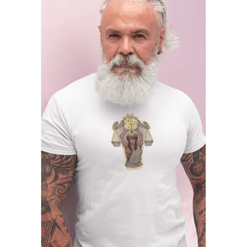Libra zodiac guardian t-shirt featuring the scales symbol, Archangel Michael sigil and angel wings design by Warriors Mindset