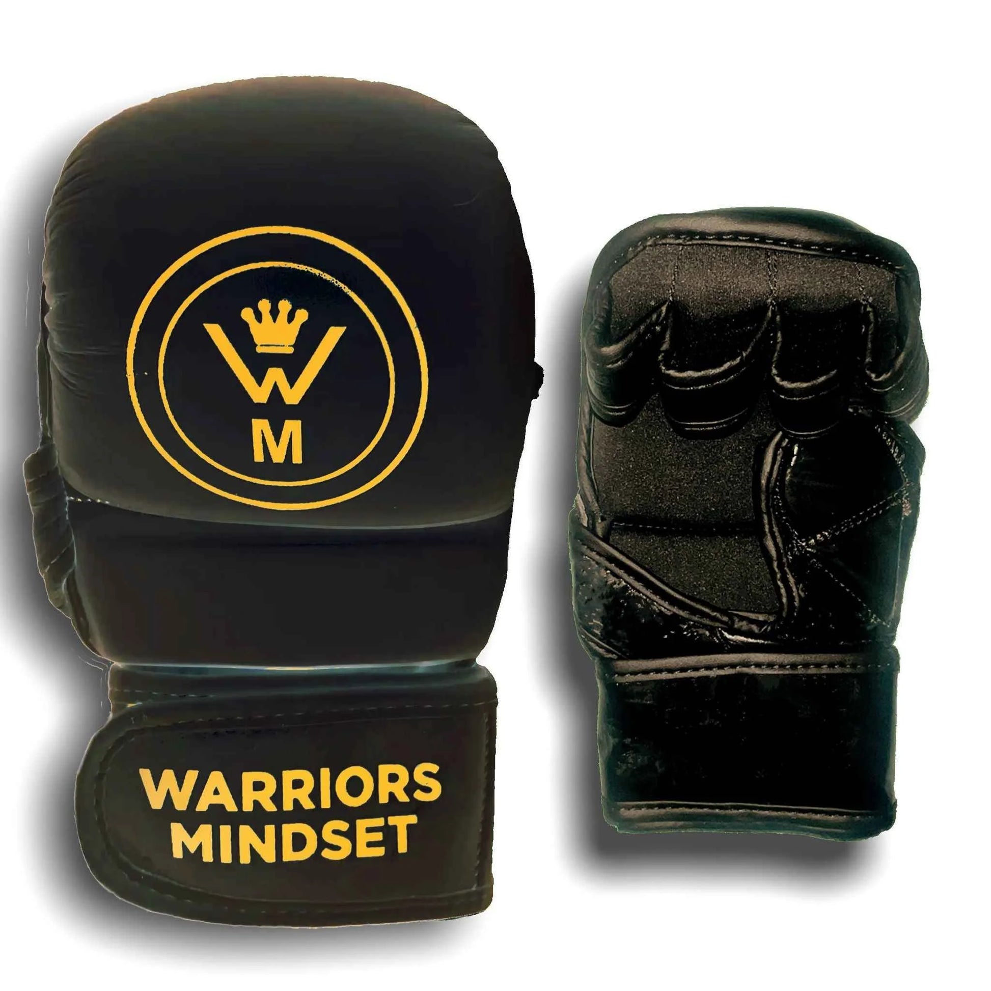 Black martial arts gloves with yellow logo and text on a white background