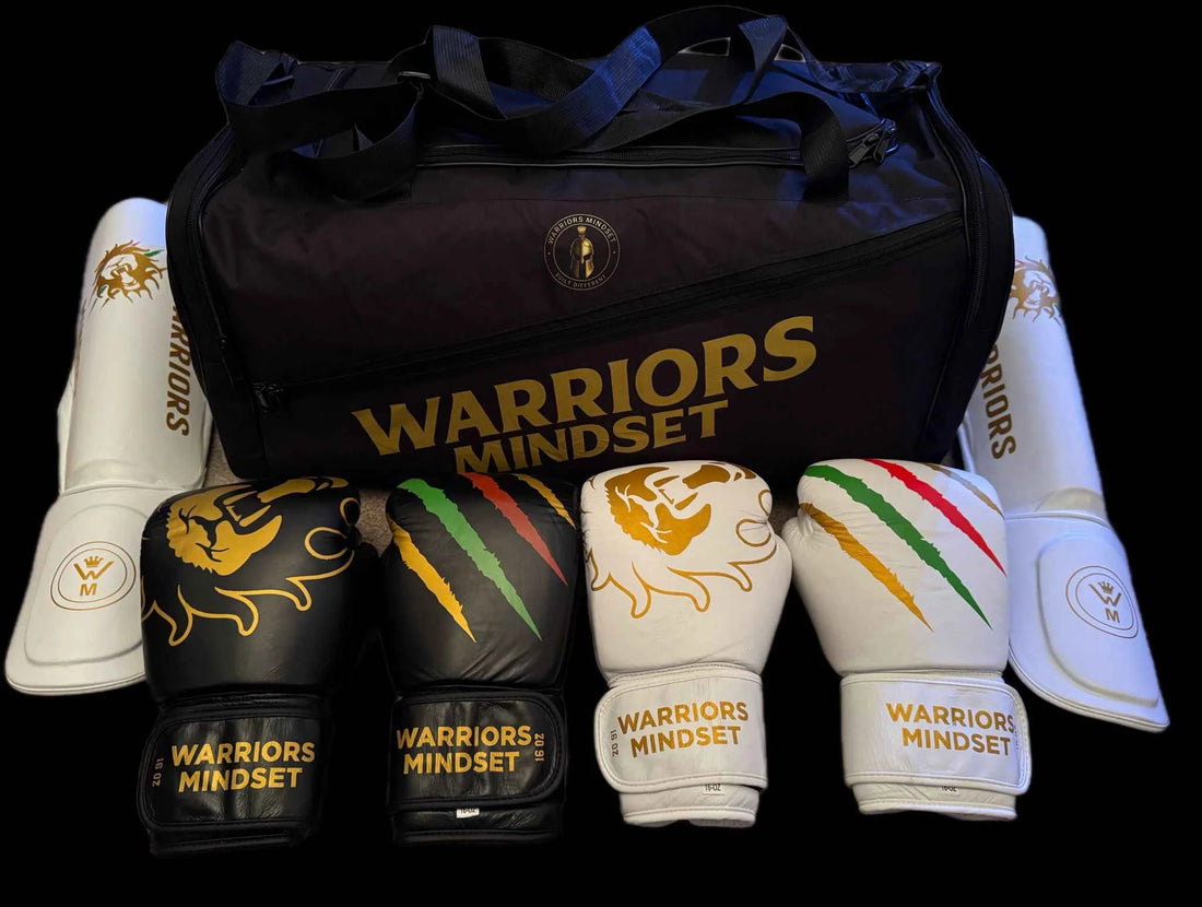 Boxing gear set with 'Warriors Mindset' branding on a black background