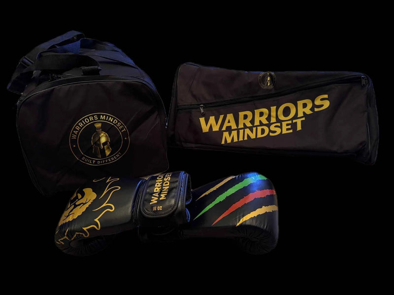 Gym bag, headband, and gloves with 'Warriors Mindset' branding on a black background