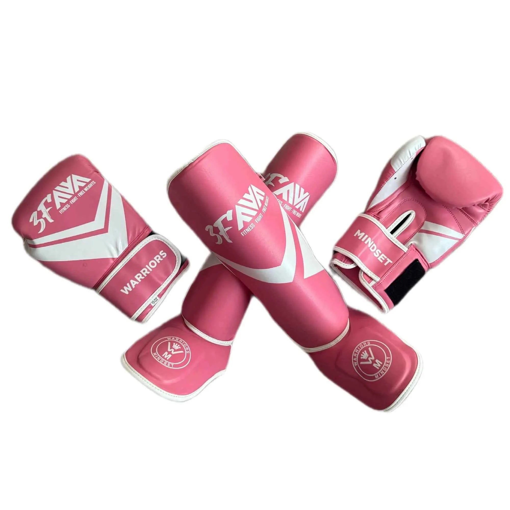 Warriors Mindset 10oz boxing gloves and shin guards set in matching pink and white colourway