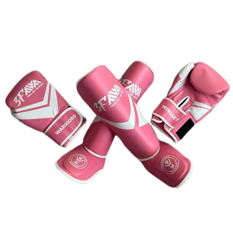 Warriors Mindset 10oz boxing gloves and shin guards set in matching pink and white colourway