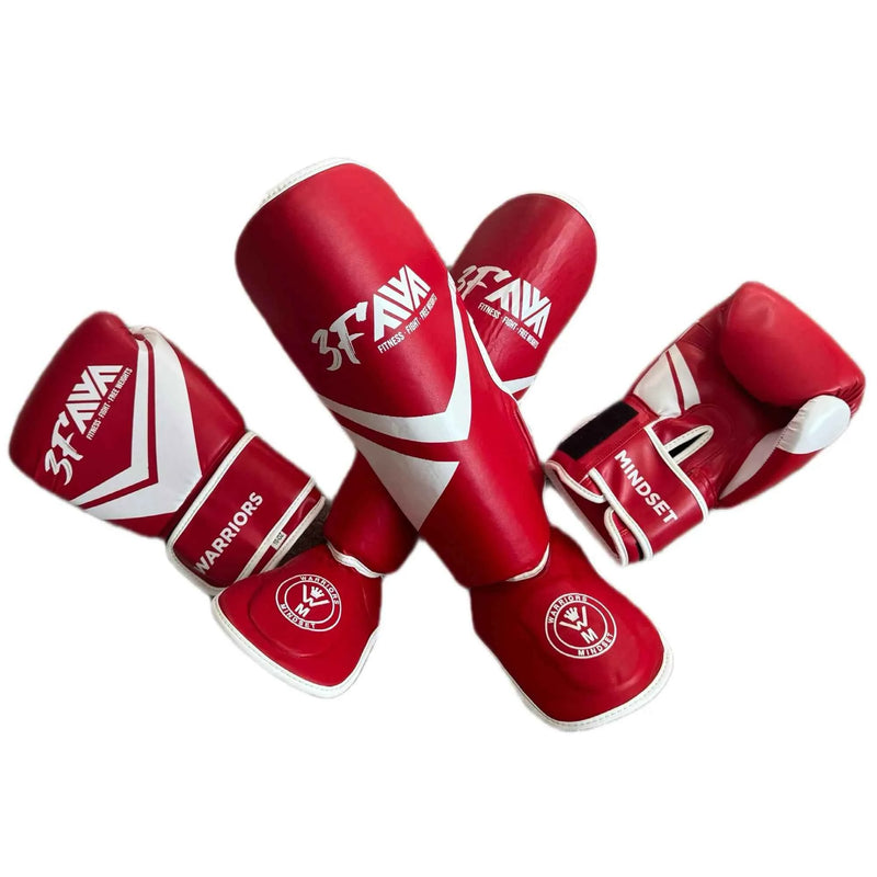Warriors Mindset 10oz boxing gloves and shin guards set in matching red and white colourway