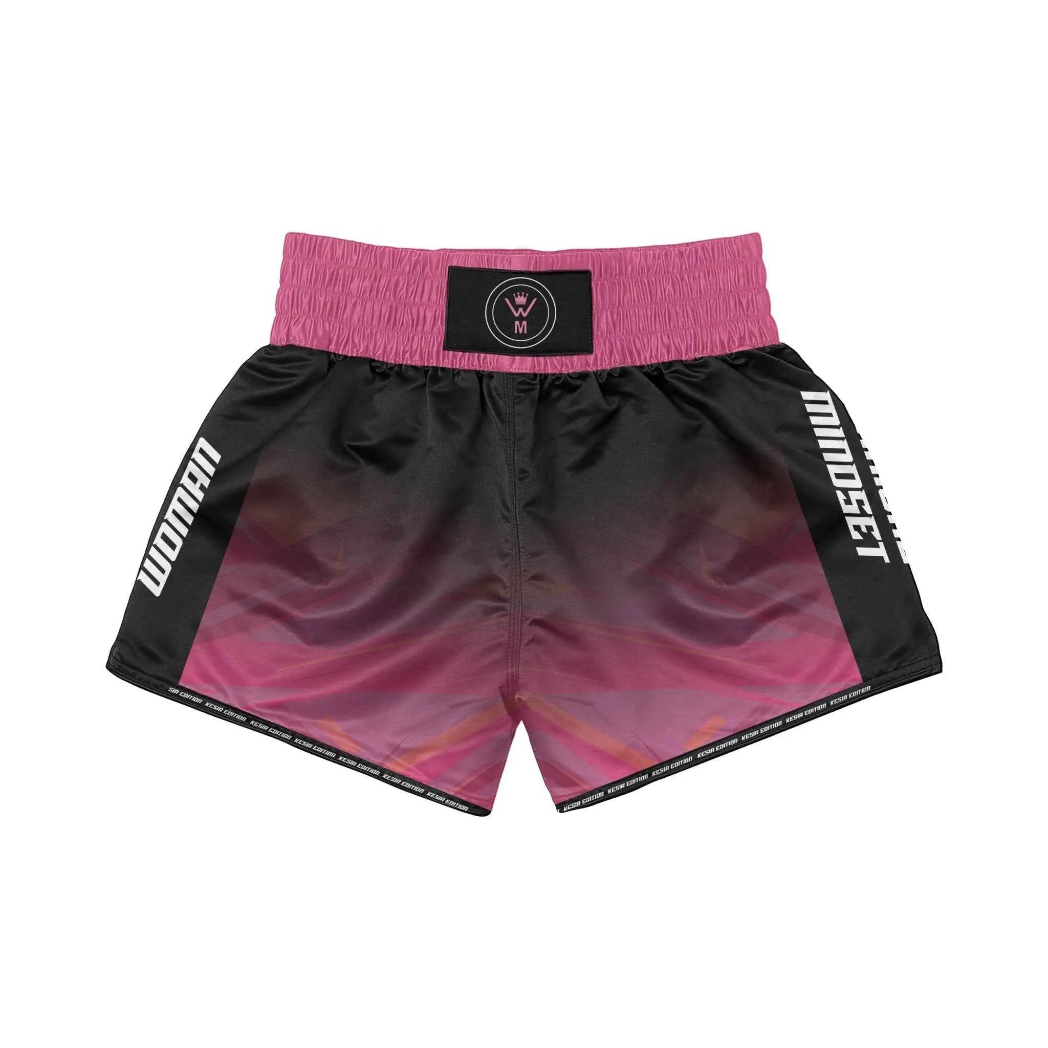 Black and pink shorts with a gradient design on a white background