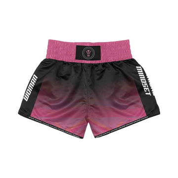Black and pink shorts with a gradient design on a white background