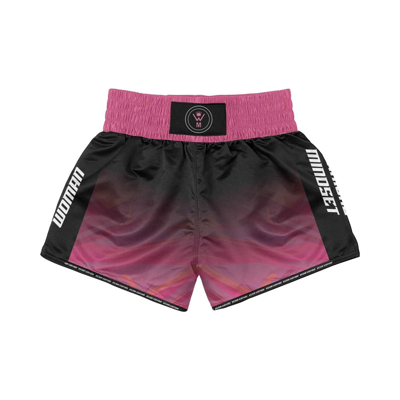 Black and pink shorts with a gradient design on a white background