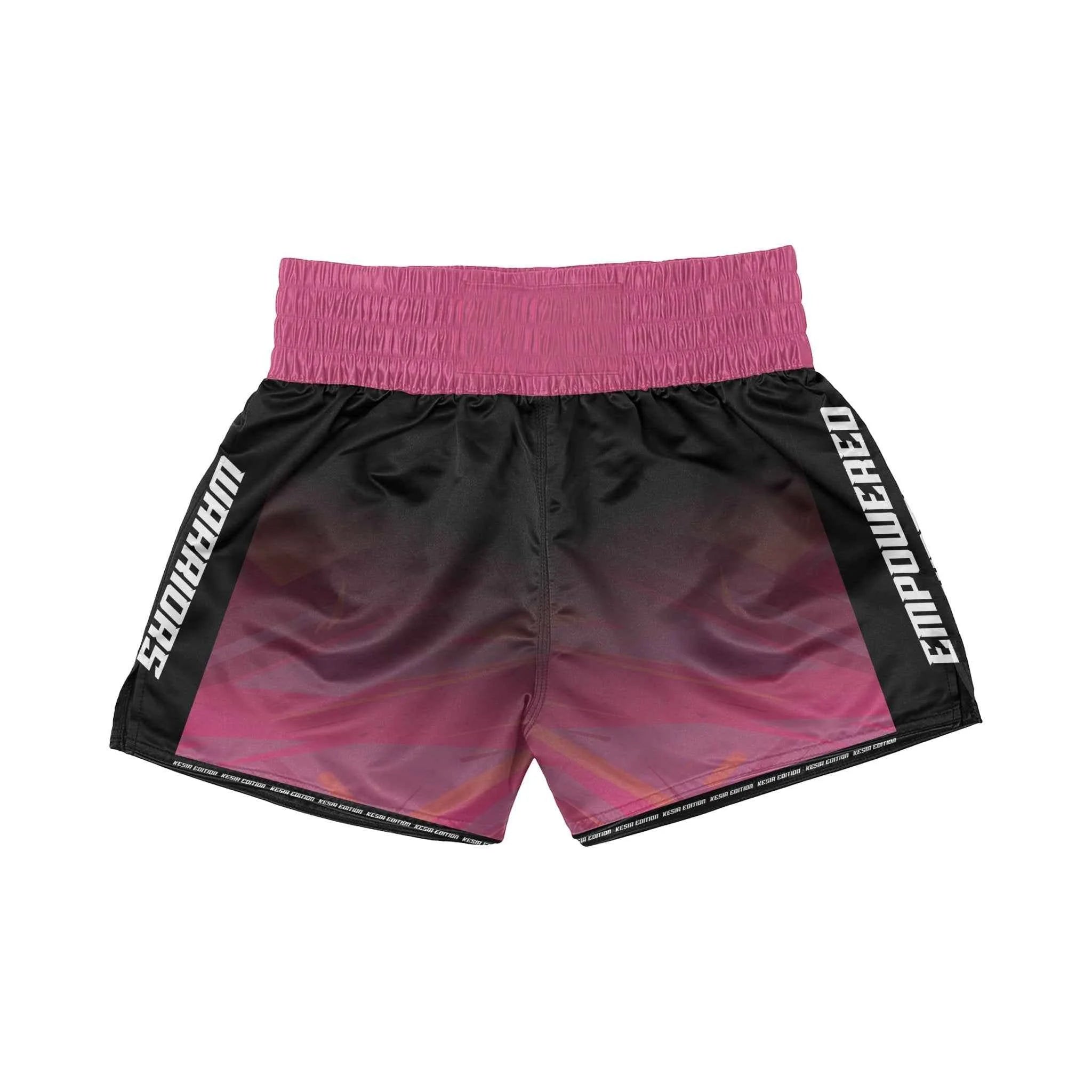 Black and pink shorts with 'Empowered' branding on a white background