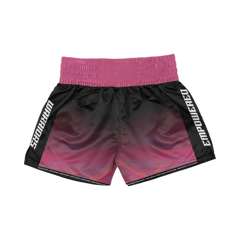 Black and pink shorts with 'Empowered' branding on a white background