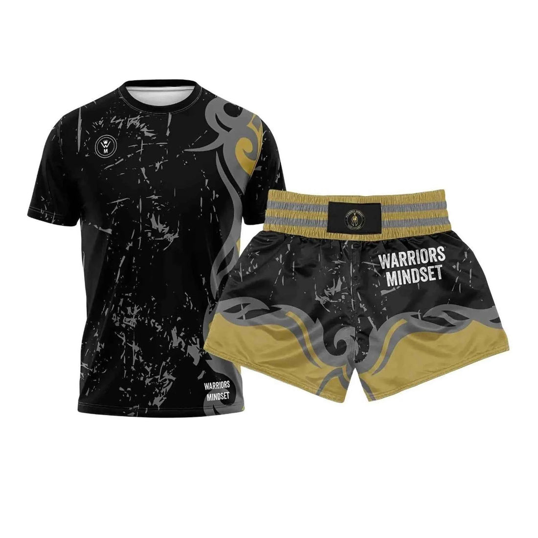 Warriors Mindset Complete Fight Kit — 14oz Gloves, Shin Pads, Shorts & Tee (Free Wraps)