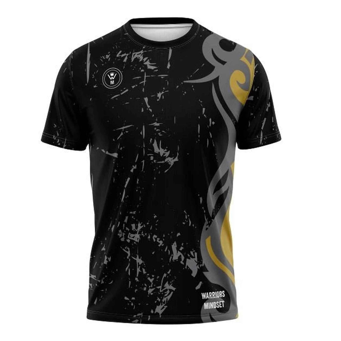 Black sports jersey with gray and yellow design on a white background