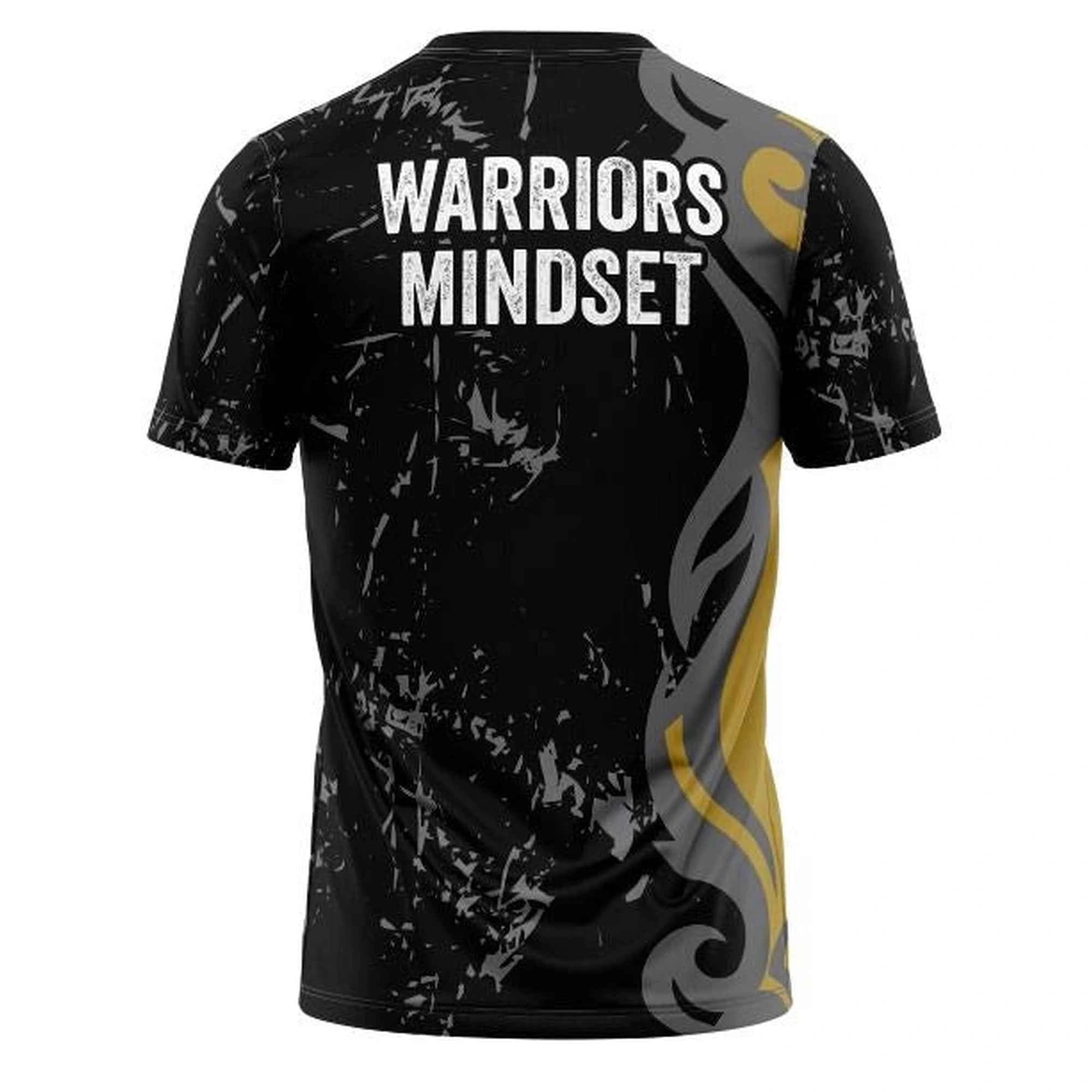 Black t-shirt with 'Warriors Mindset' text and yellow accents on a white background