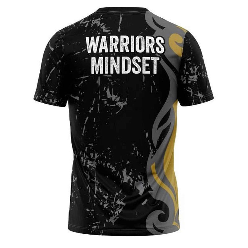 Black t-shirt with 'Warriors Mindset' text and yellow accents on a white background