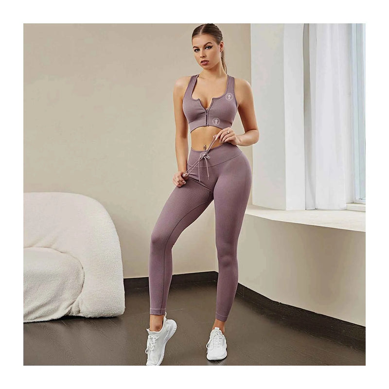 WM Seamless Activewear Set – High-Waist Leggings + Zip Sports Bra (Pink)