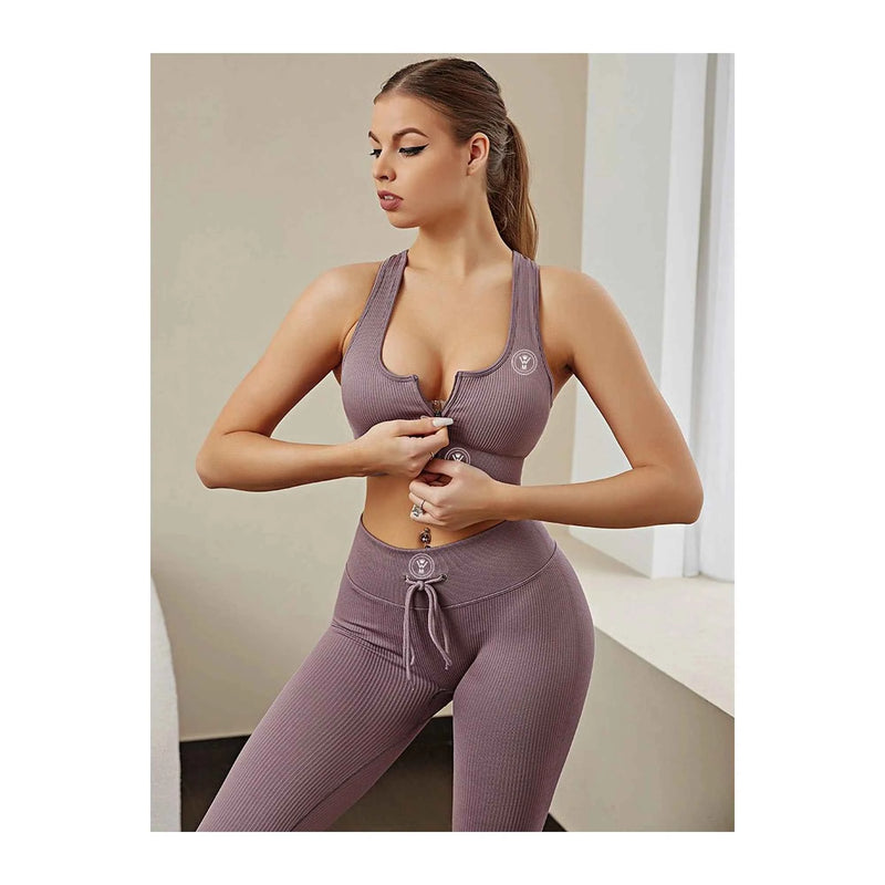 WM Seamless Activewear Set – High-Waist Leggings + Zip Sports Bra (Pink)