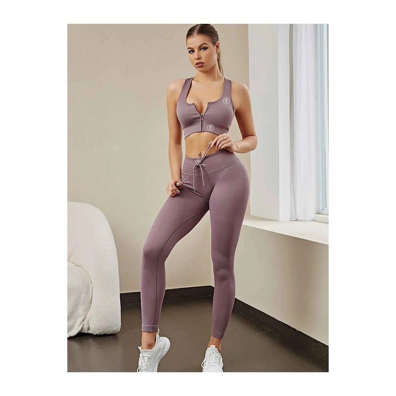 WM Seamless Activewear Set – High-Waist Leggings + Zip Sports Bra (Pink)
