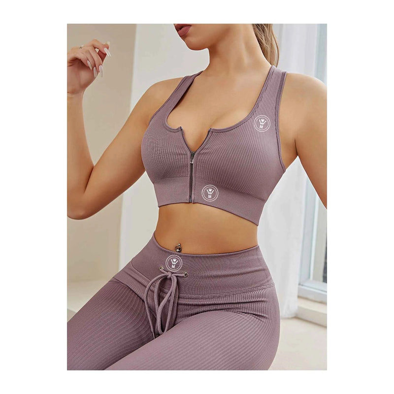 WM Seamless Activewear Set – High-Waist Leggings + Zip Sports Bra (Pink)